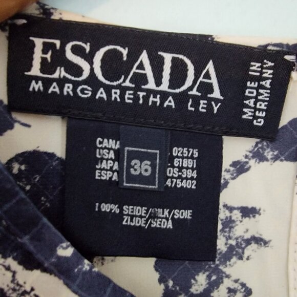 Escada‎ Margaretha Ley Silk Button Up Blouse Dark Navy & Cream Floral Sz 36 - Picture 3 of 9